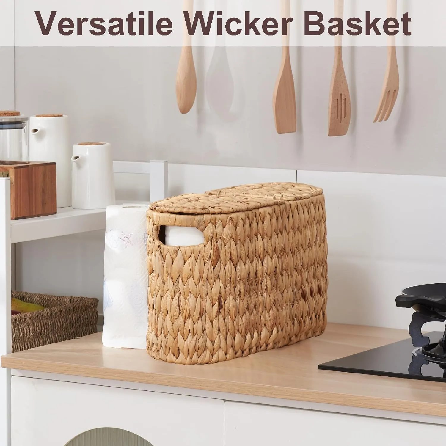 FairyHaus Wicker Toilet Paper Storage Basket with Lid & Handles, 6 Rolls Handwoven Toilet Paper Holder with Storage, Natural Water Hyacinth Toilet Paper Holder Stand Basket for Bathroom