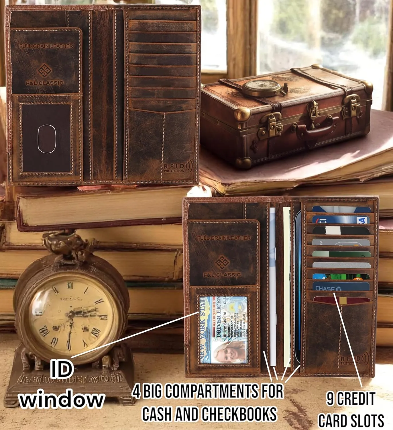 F&L CLASSIC Men's RFID Vintage Look Genuine Leather Long Bifold Wallet Checkbook Wallets,brown,240-82