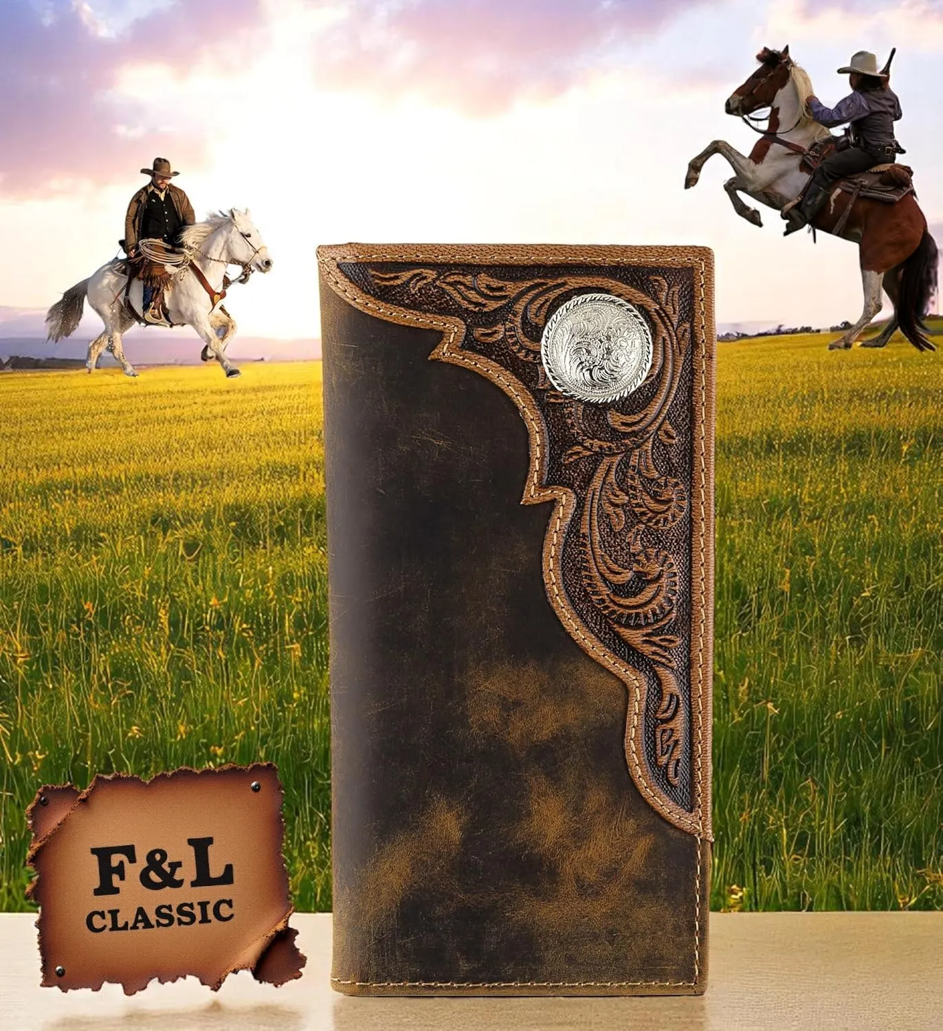 F&L CLASSIC Men's RFID Vintage Look Genuine Leather Long Bifold Wallet Checkbook Wallets,brown,240-82