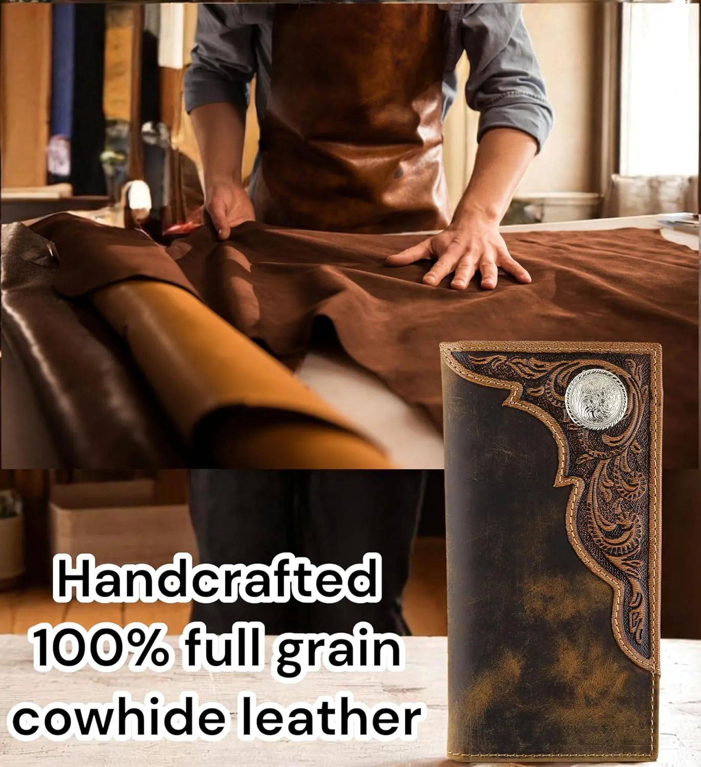 F&L CLASSIC Men's RFID Vintage Look Genuine Leather Long Bifold Wallet Checkbook Wallets,brown,240-82