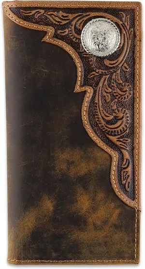 F&L CLASSIC Men's RFID Vintage Look Genuine Leather Long Bifold Wallet Checkbook Wallets,brown,240-82