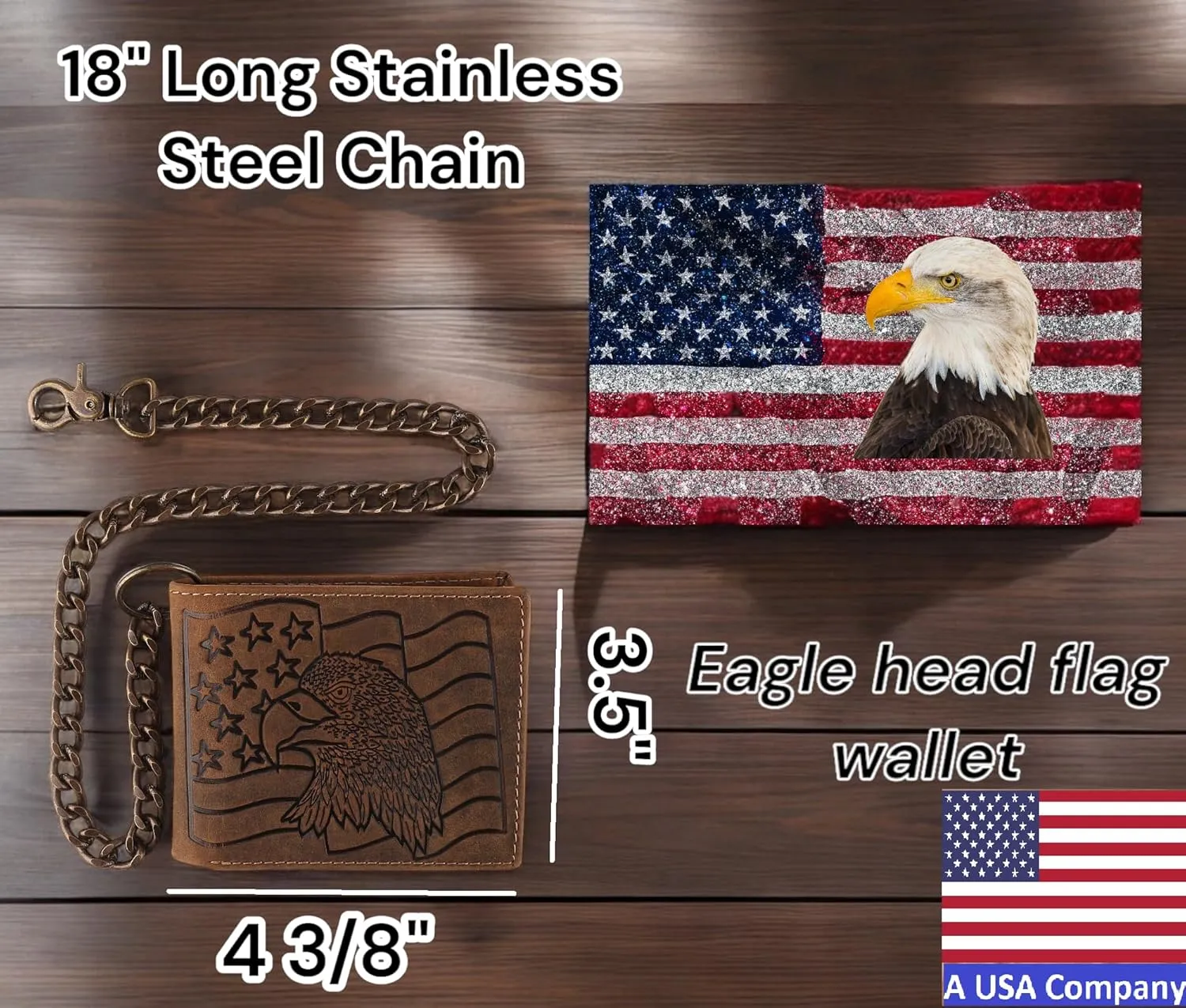 F&L CLASSIC RFID Blocking Mens bi-fold Style Cowhide Leather Steel Chain Wallet, brown Eagle flag,texas 400