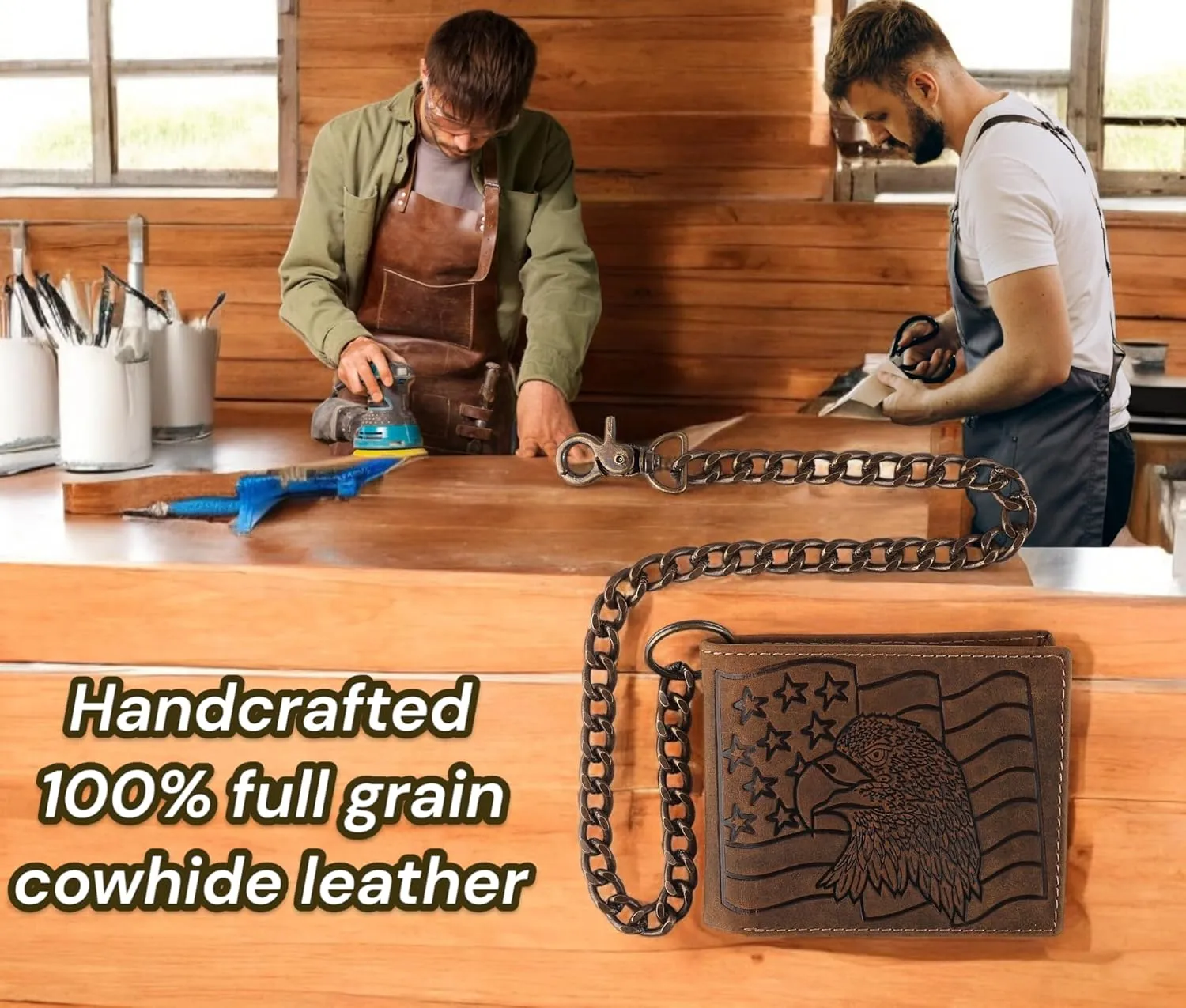 F&L CLASSIC RFID Blocking Mens bi-fold Style Cowhide Leather Steel Chain Wallet, brown Eagle flag,texas 400