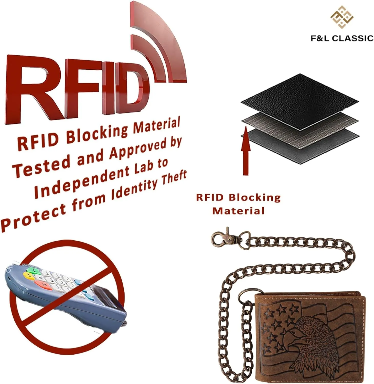 F&L CLASSIC RFID Blocking Mens bi-fold Style Cowhide Leather Steel Chain Wallet, brown Eagle flag,texas 400