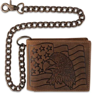 F&L CLASSIC RFID Blocking Mens bi-fold Style Cowhide Leather Steel Chain Wallet, brown Eagle flag,texas 400