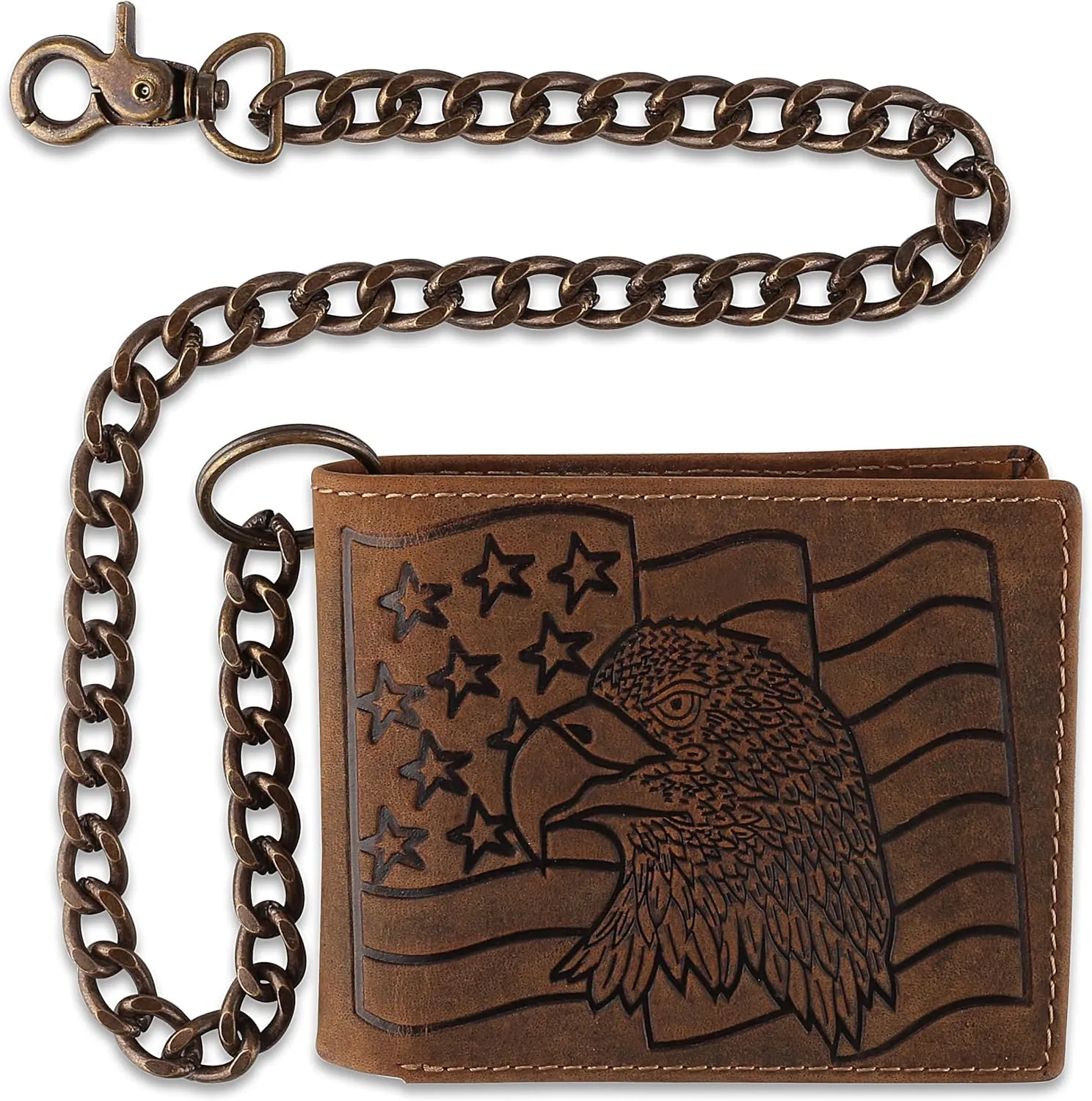 F&L CLASSIC RFID Blocking Mens bi-fold Style Cowhide Leather Steel Chain Wallet, brown Eagle flag,texas 400