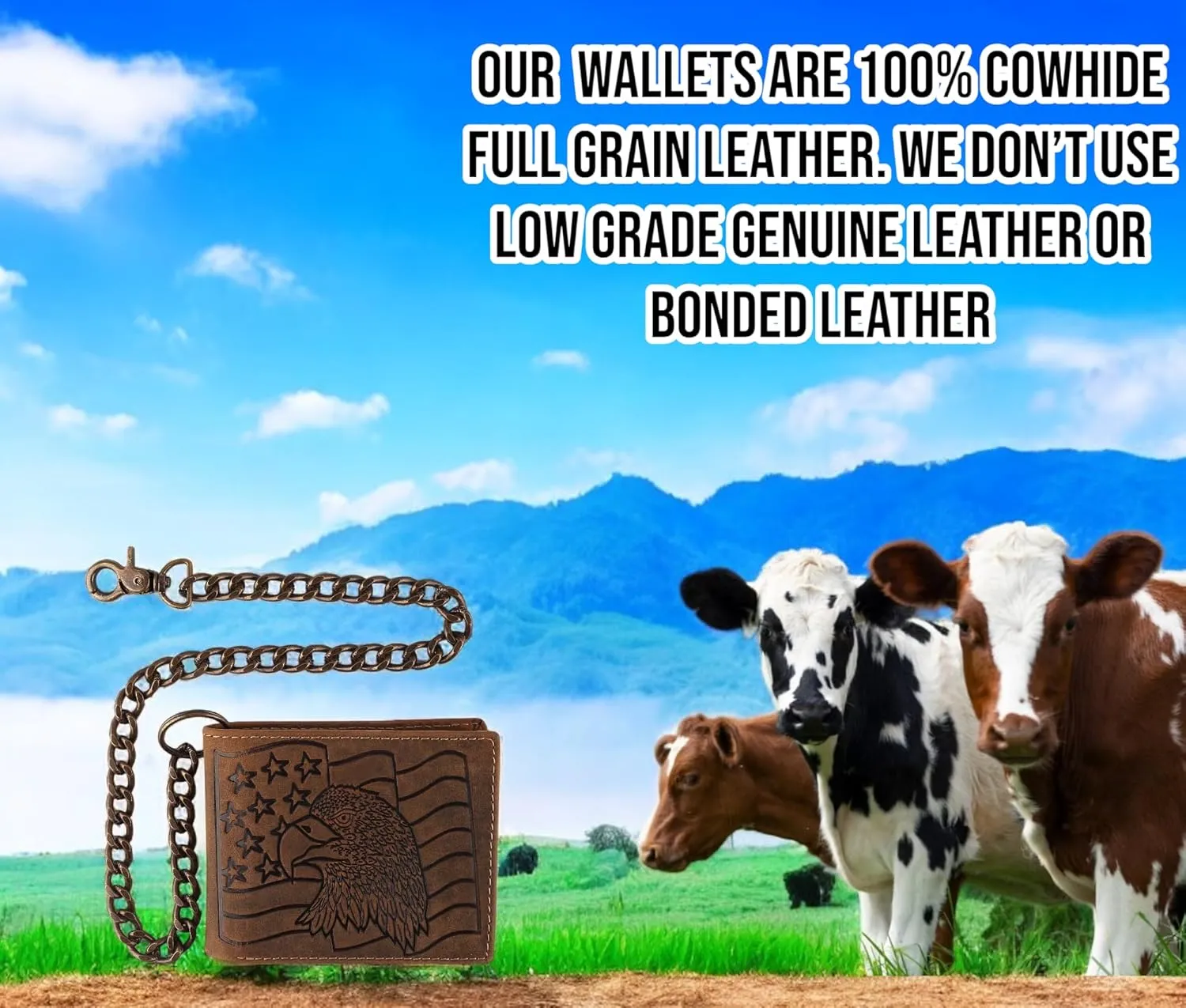 F&L CLASSIC RFID Blocking Mens bi-fold Style Cowhide Leather Steel Chain Wallet, brown Eagle flag,texas 400