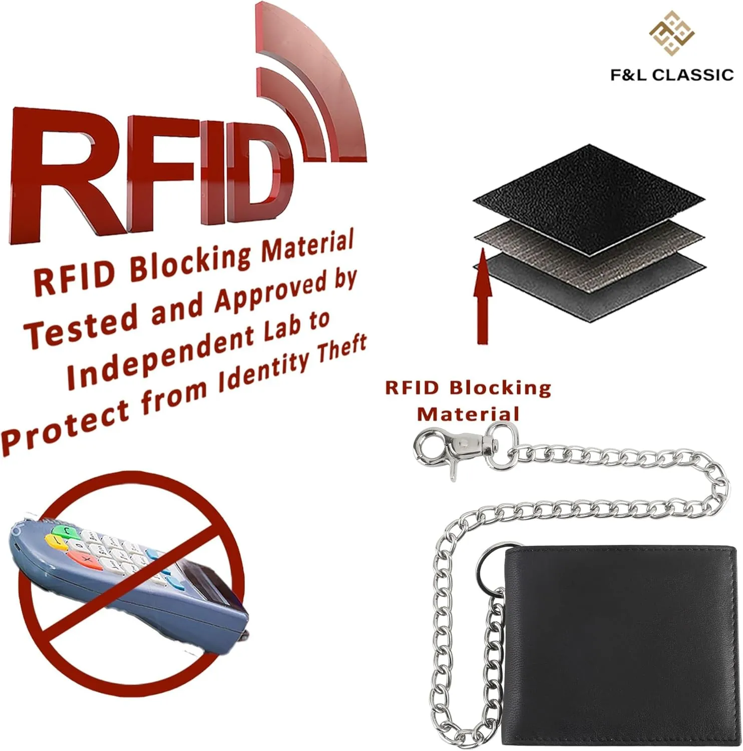 F&L CLASSIC RFID Blocking Mens bi-fold Style Cowhide Leather Steel Chain Wallet, texas black