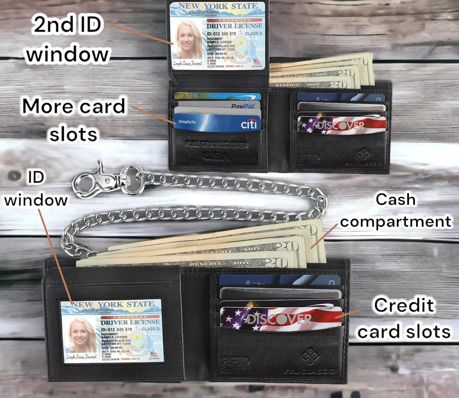 F&L CLASSIC RFID Blocking Mens bi-fold Style Cowhide Leather Steel Chain Wallet, texas black
