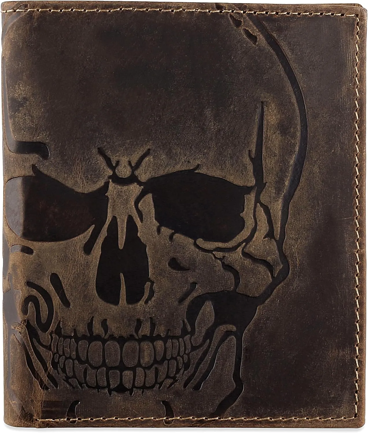 F&L CLASSIC RFID Blocking Mens Leather Bi-Fold Big Hipster Wallet, brown with skull,186-20