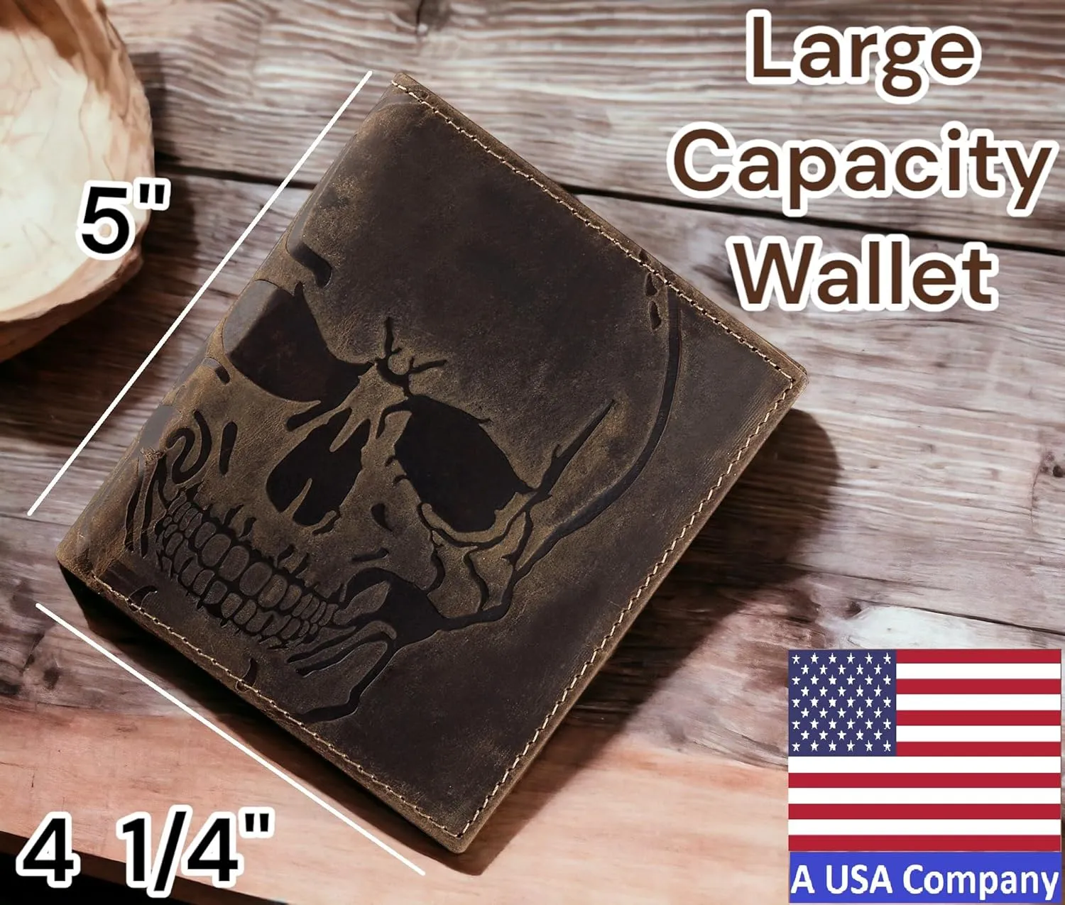 F&L CLASSIC RFID Blocking Mens Leather Bi-Fold Big Hipster Wallet, brown with skull,186-20