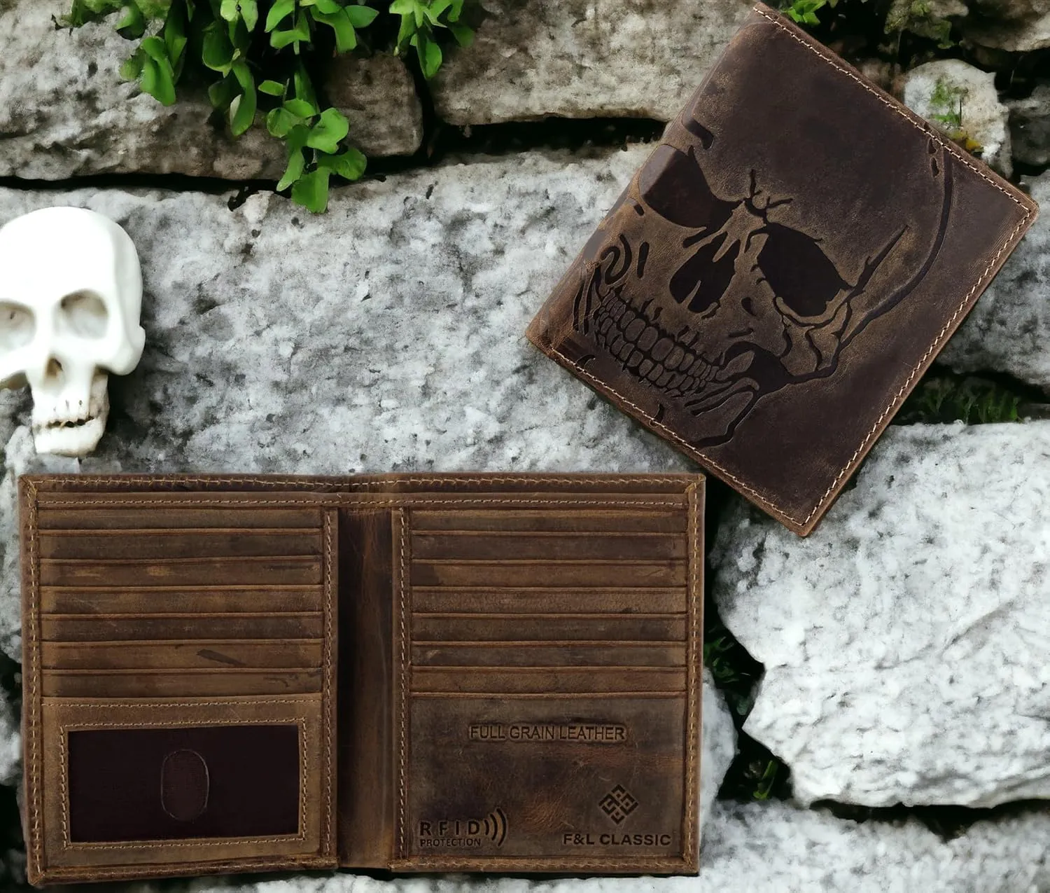 F&L CLASSIC RFID Blocking Mens Leather Bi-Fold Big Hipster Wallet, brown with skull,186-20