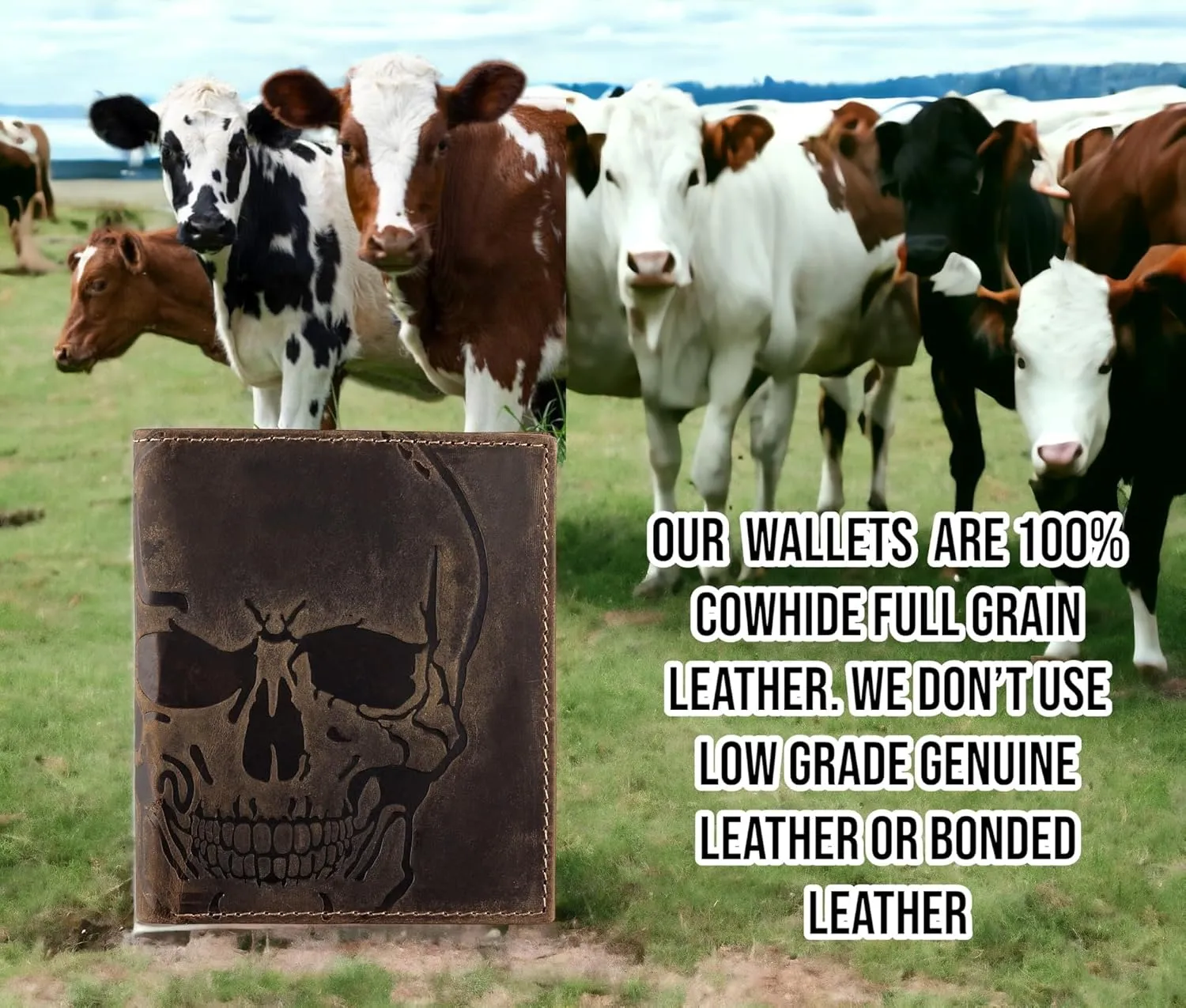F&L CLASSIC RFID Blocking Mens Leather Bi-Fold Big Hipster Wallet, brown with skull,186-20