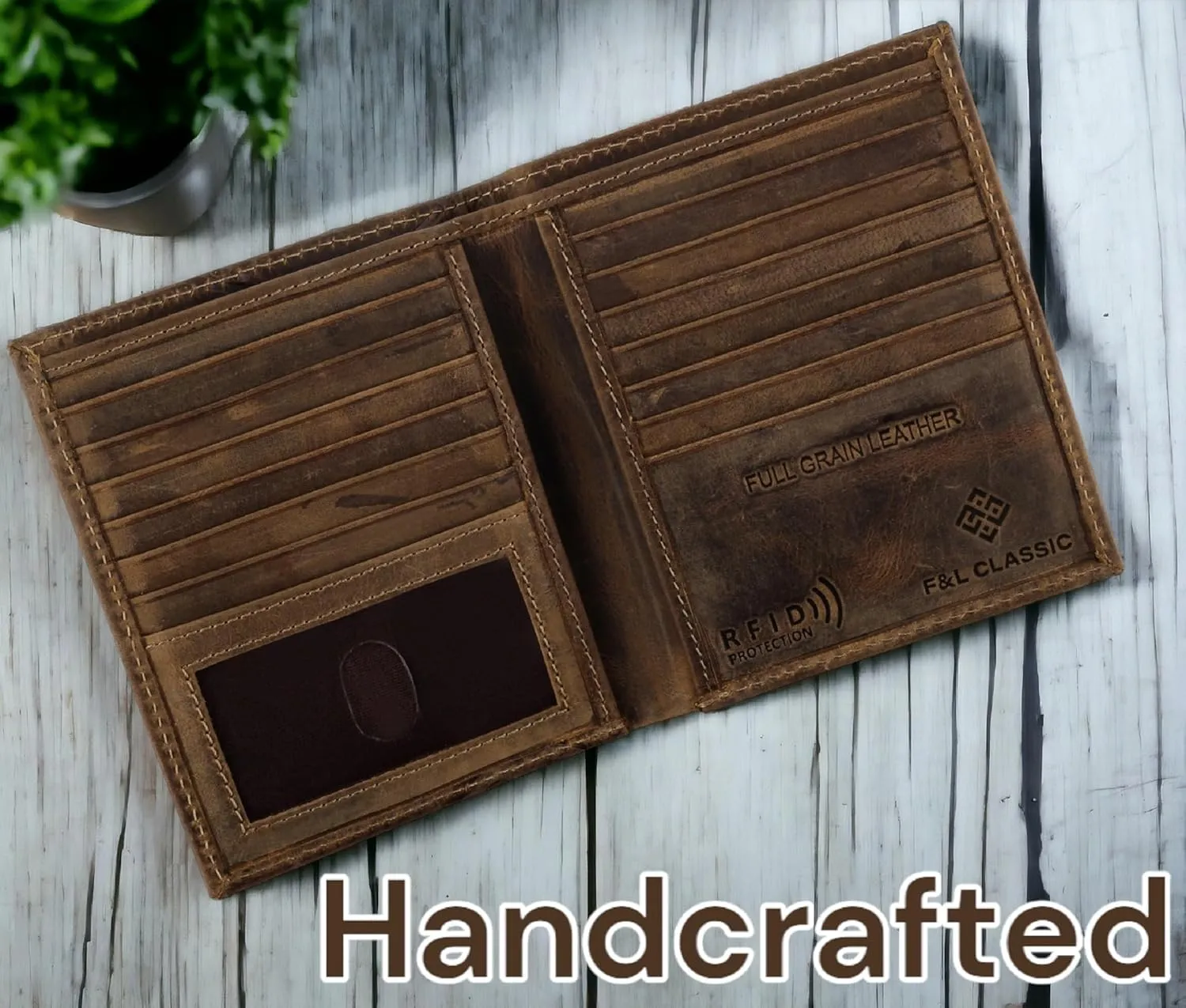 F&L CLASSIC RFID Blocking Mens Leather Bi-Fold Big Hipster Wallet, brown with skull,186-20