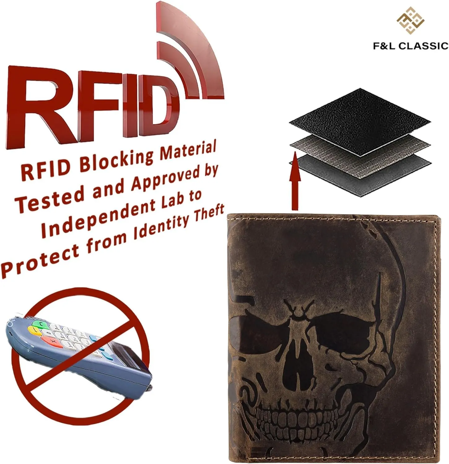 F&L CLASSIC RFID Blocking Mens Leather Bi-Fold Big Hipster Wallet, brown with skull,186-20