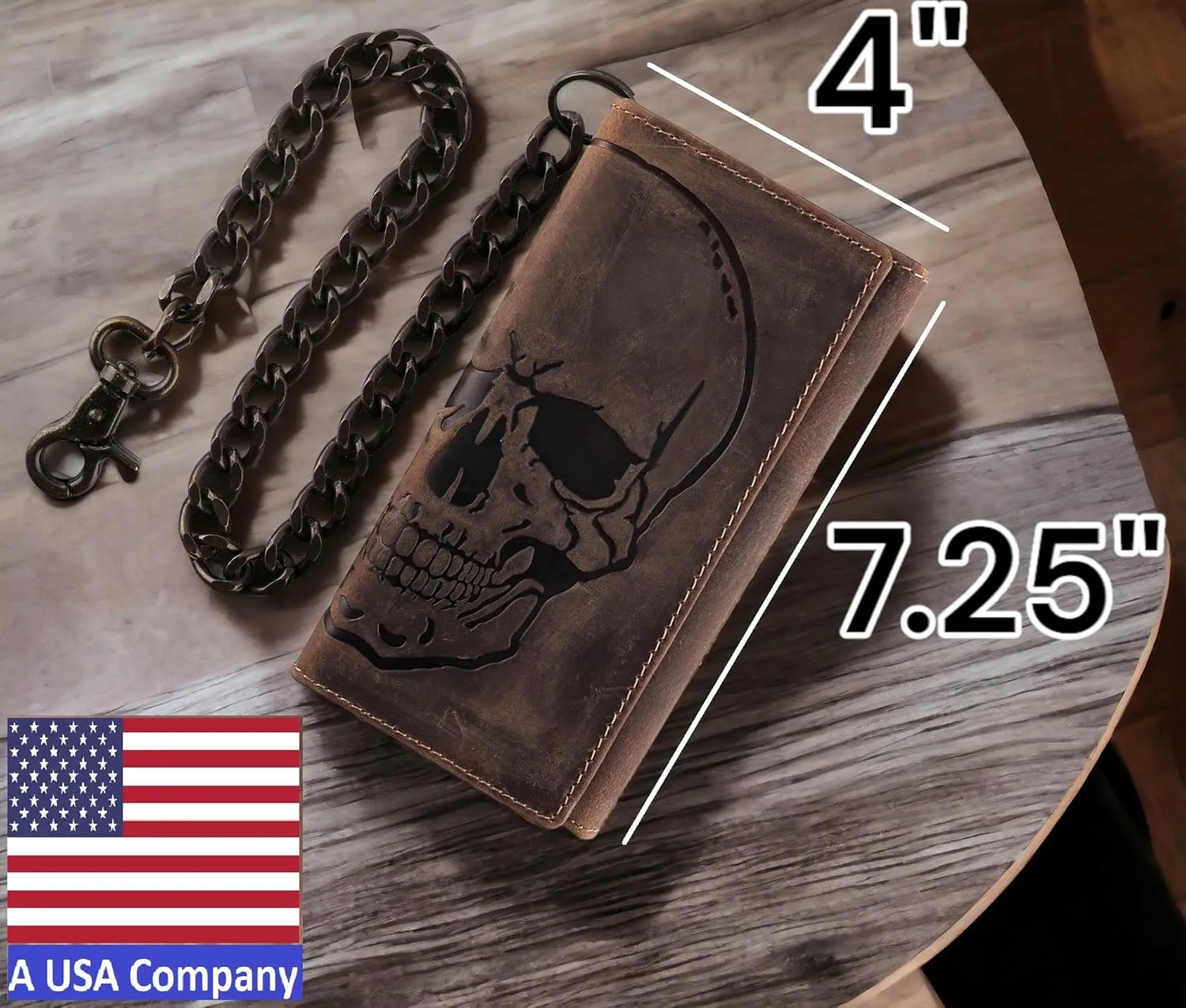 F&L CLASSIC RFID Blocking Mens Tri-fold Long Style Cowhide Leather Steel Chain Wallet,brown distress with skull,212-70