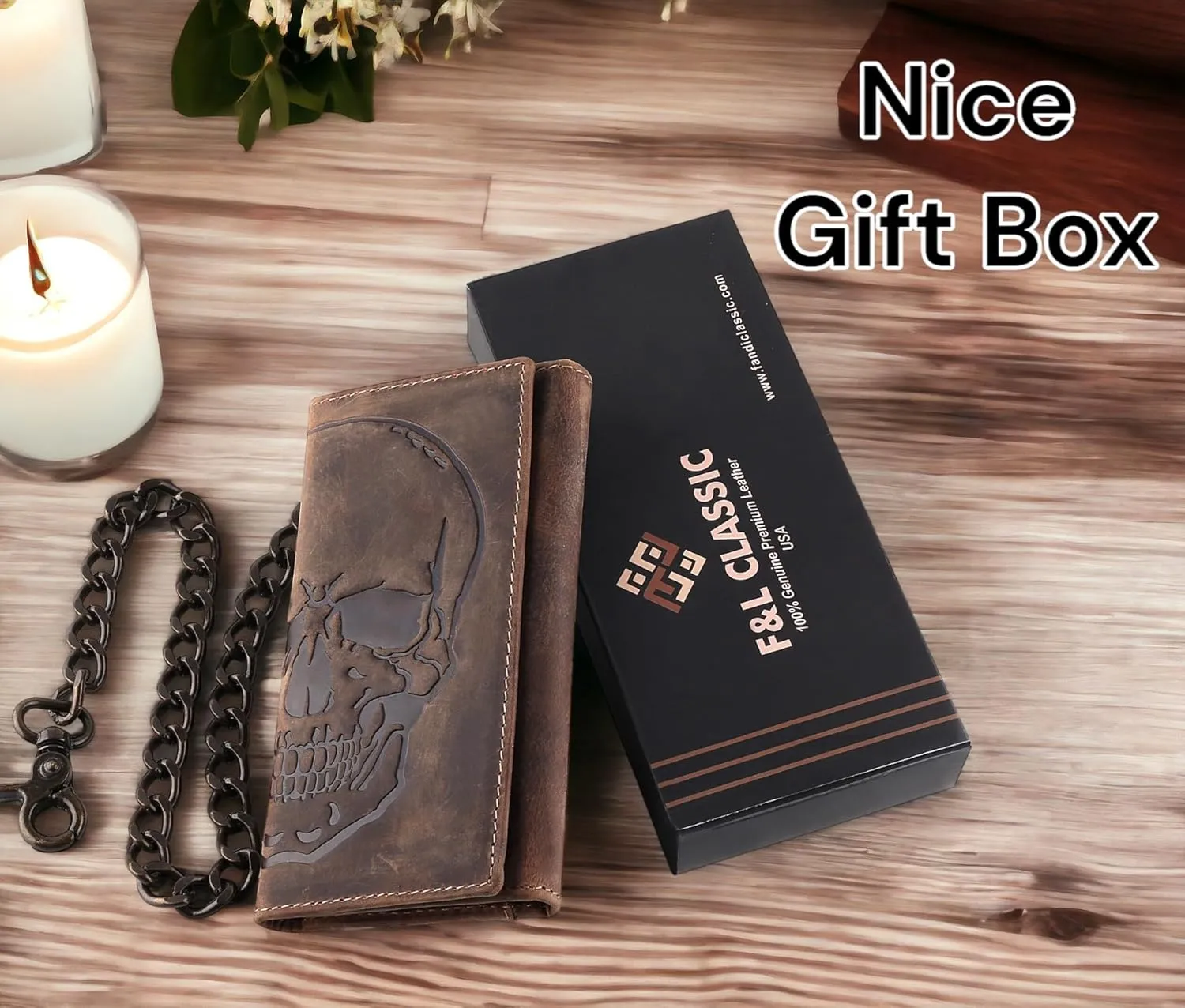 F&L CLASSIC RFID Blocking Mens Tri-fold Long Style Cowhide Leather Steel Chain Wallet,brown distress with skull,212-70