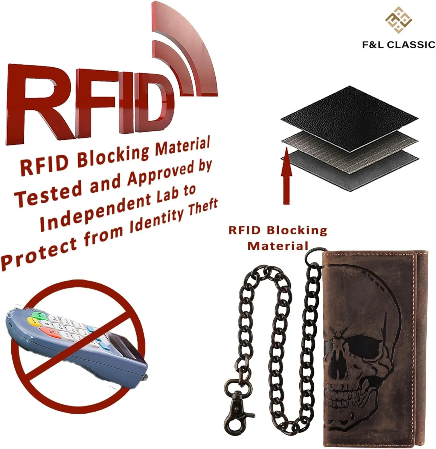 F&L CLASSIC RFID Blocking Mens Tri-fold Long Style Cowhide Leather Steel Chain Wallet,brown distress with skull,212-70