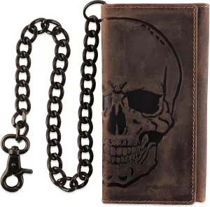 F&L CLASSIC RFID Blocking Mens Tri-fold Long Style Cowhide Leather Steel Chain Wallet,brown distress with skull,212-70