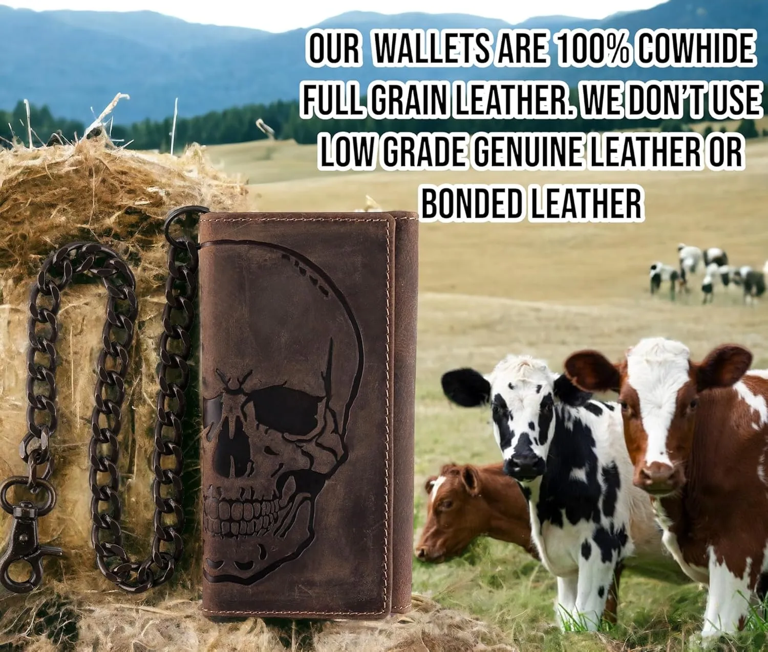 F&L CLASSIC RFID Blocking Mens Tri-fold Long Style Cowhide Leather Steel Chain Wallet,brown distress with skull,212-70