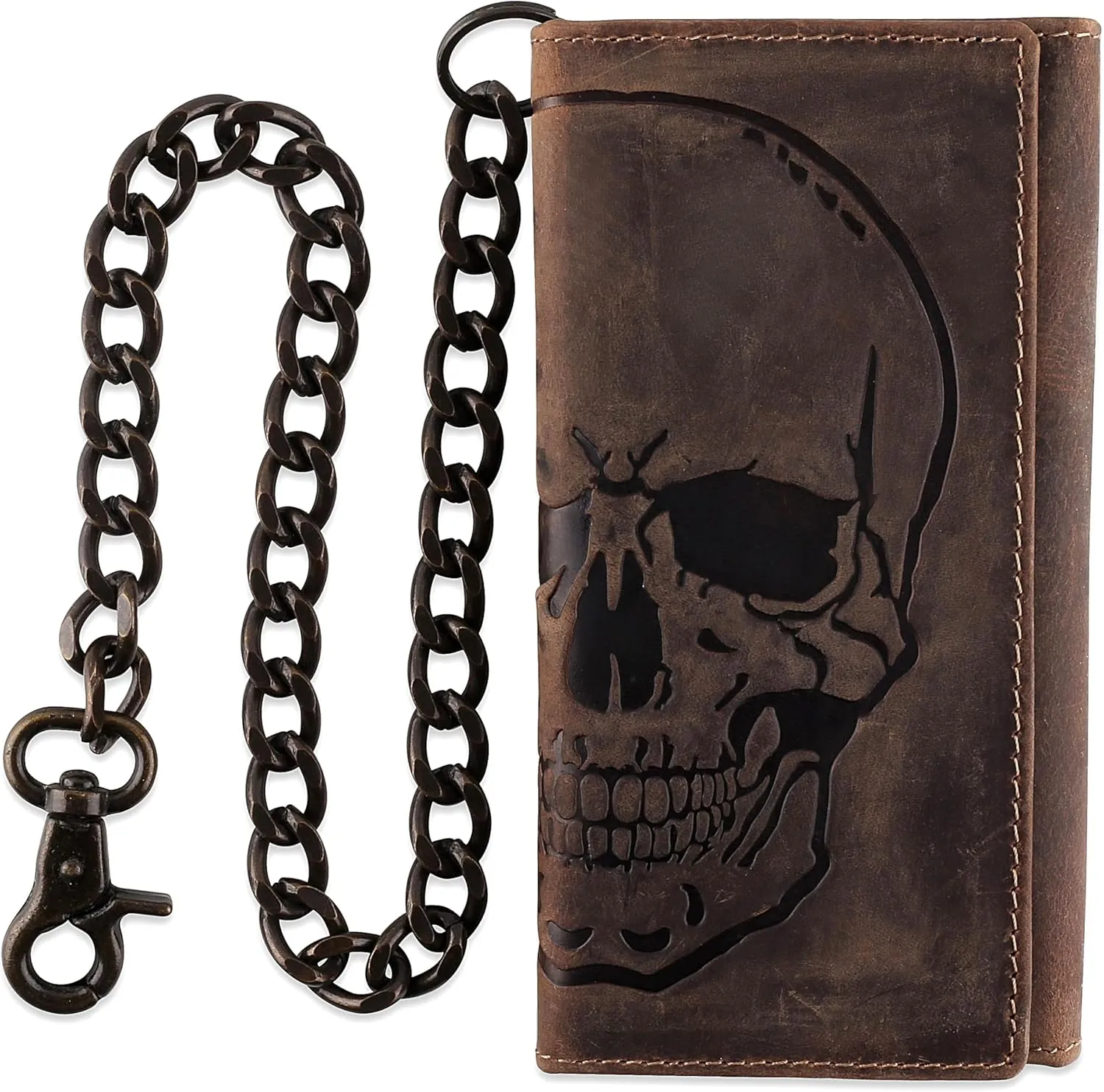 F&L CLASSIC RFID Blocking Mens Tri-fold Long Style Cowhide Leather Steel Chain Wallet,brown distress with skull,212-70
