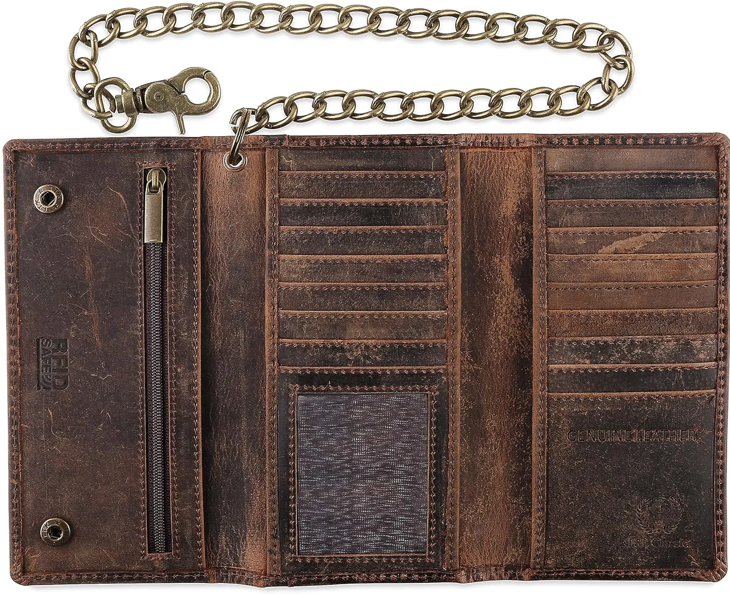 F&L CLASSIC RFID Blocking Mens Tri-fold Long Style Cowhide Leather Steel Chain Wallet,buffalo vintage leather