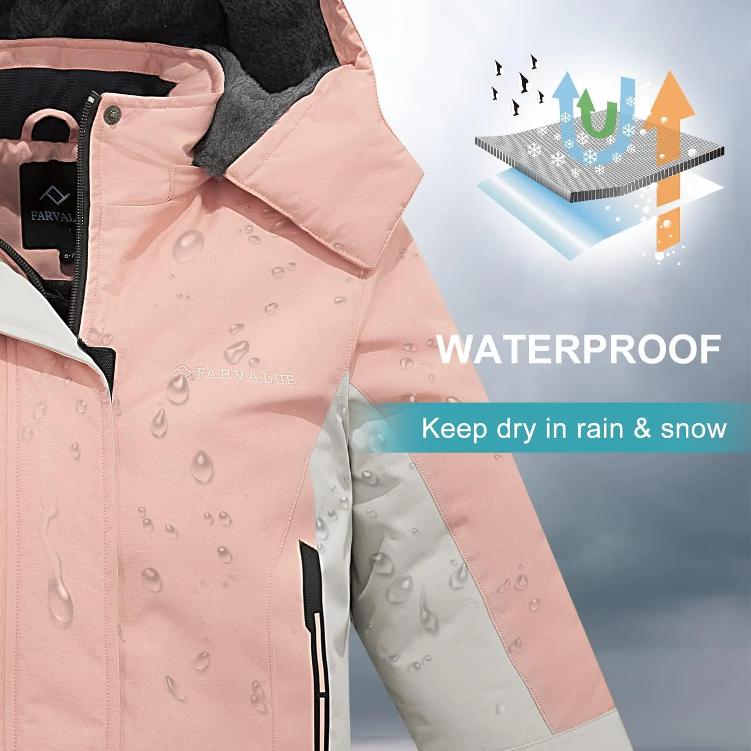 FARVALUE Girls Waterproof Ski Jacket Windproof Winter Coat Warm Fleece Snow Coat Outdoor Raincoats Hooded