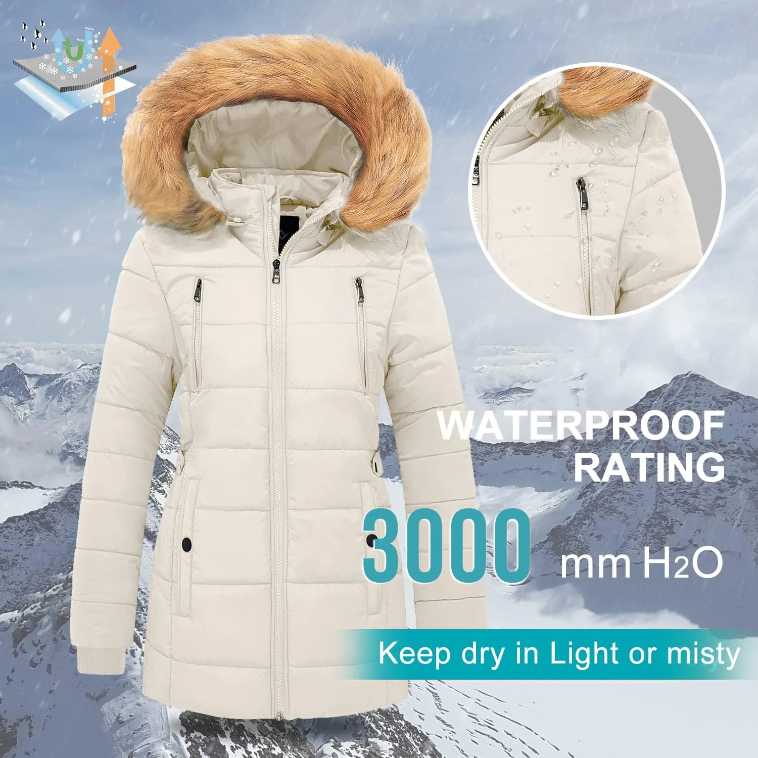 FARVALUE Womens Water Resistant Winter Coat Thicken Puffer Jacket Warm Quilted Parka Padded Windbreaker with Removable Hood