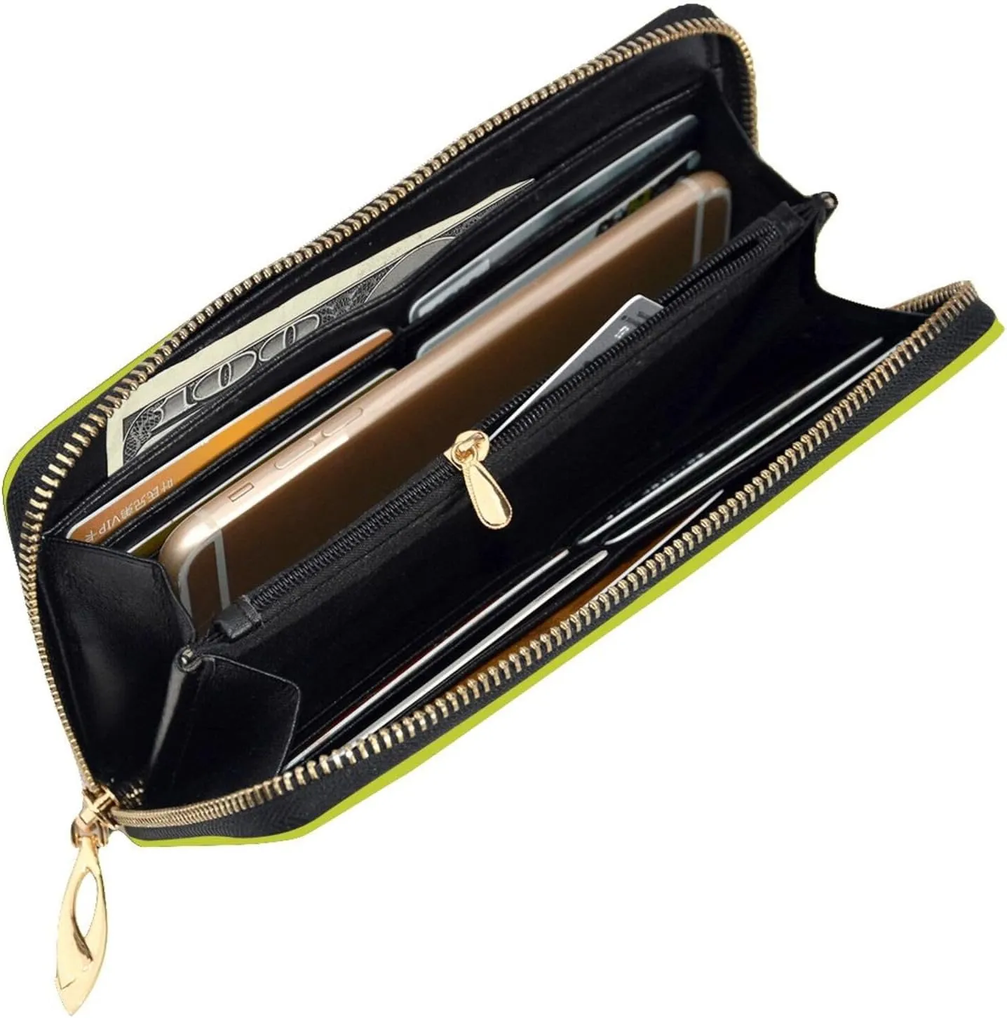 FEMOS Leather Wallet Long Purse Clutch Bag Large Capacity Zip-Around Credit Card Holder Wallet Women Mens/Oliveganlan Yellow Green
