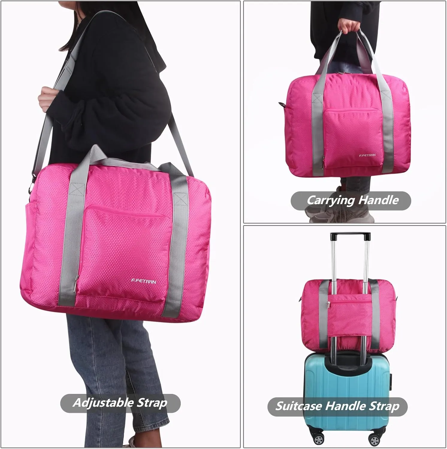 F.FETIVIN Personal item travel bag 18x14x8 for Spirit Airlines Lightweight carry on duffle bag waterproof for Gym,Sports,Vacation(Hot Pink)