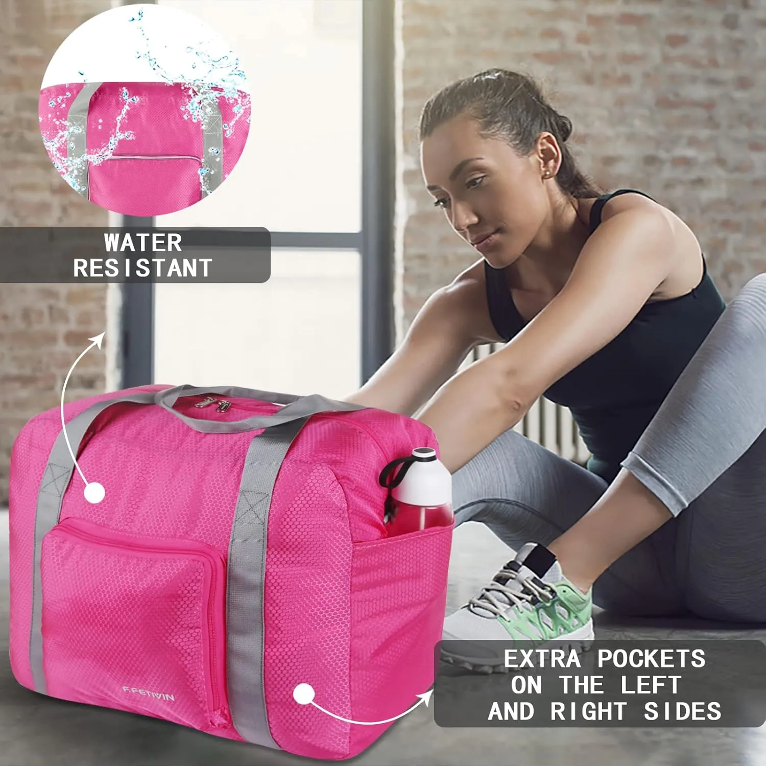 F.FETIVIN Personal item travel bag 18x14x8 for Spirit Airlines Lightweight carry on duffle bag waterproof for Gym,Sports,Vacation(Hot Pink)
