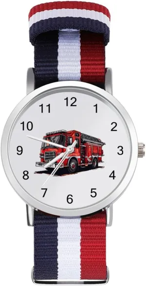 Fire Truck Firefighters Unisex Watch Lightweight Breathable Woven Nylon Wrist Strap Watch with Metal Buckle