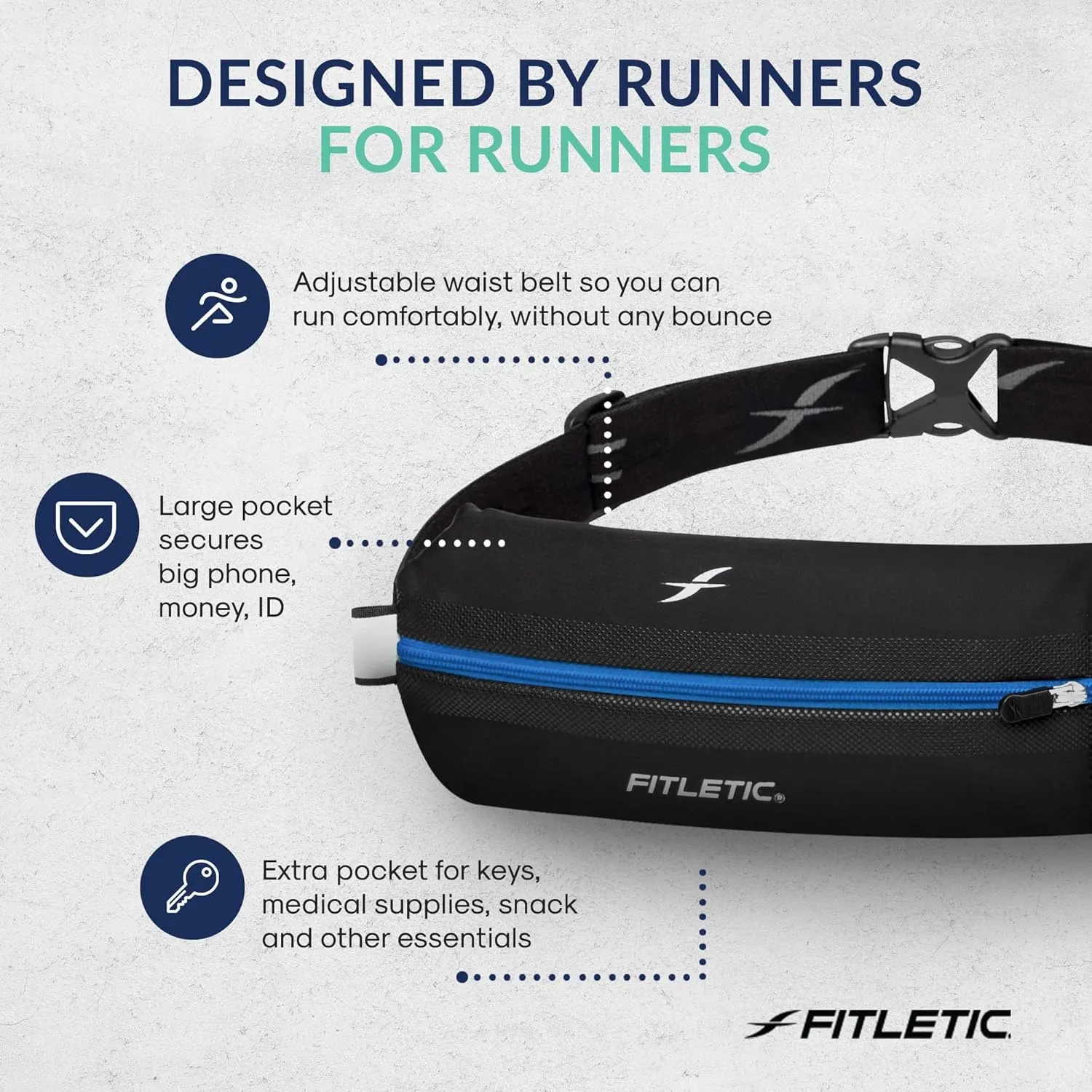 Fitletic Bolt Double Pocket Running Belt & Active Fanny Pack For Men & Women – Water Resistant, Lightweight Sleek Design – Patented No Bounce Hip Hugging Fit – Holds Any Phone
