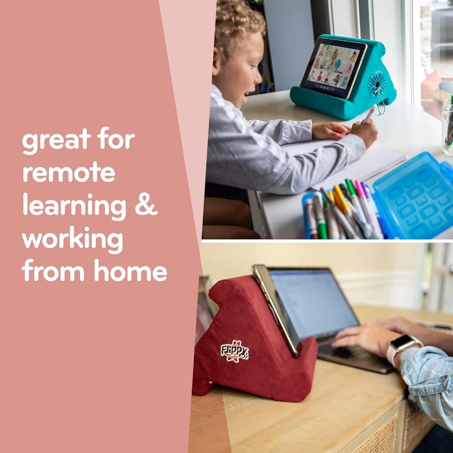 Flippy Tablet Stand with Cubby Storage and Multi-Angle Viewing for Home, Work & Travel. Our Tablet Holder Has Storage for Your All Your Personal Items. (Olive Loves Brown)