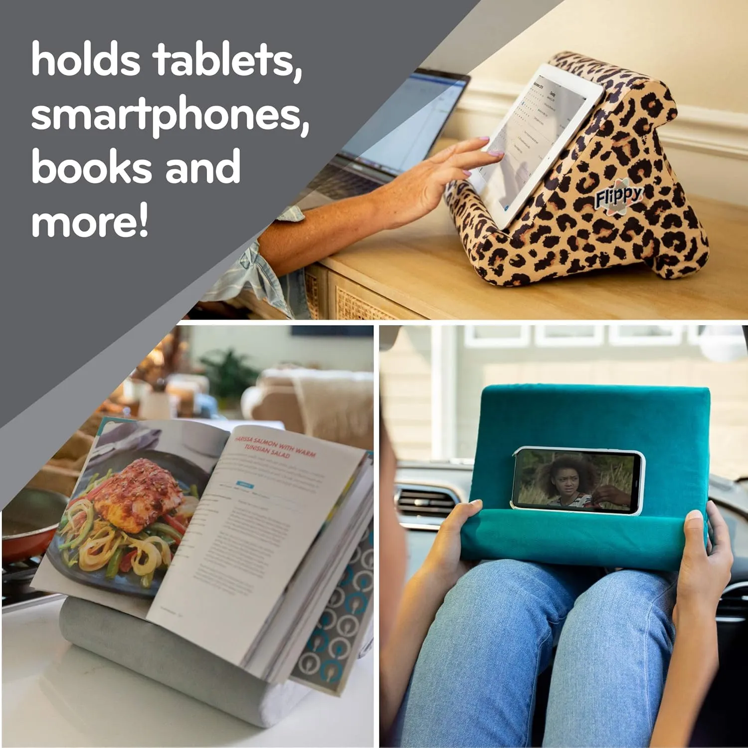 Flippy Tablet Stand with Cubby Storage and Multi-Angle Viewing for Home, Work & Travel. Our Tablet Holder Has Storage for Your All Your Personal Items. (Olive Loves Brown)