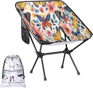 Flowers Butterfly Camping Chairs for Adults Ultralight Folding Chairs Outside Portable Camp Backpacking Chair with Side Pocket Storage Bag Compact Beach Chairs for Hiking Fishing