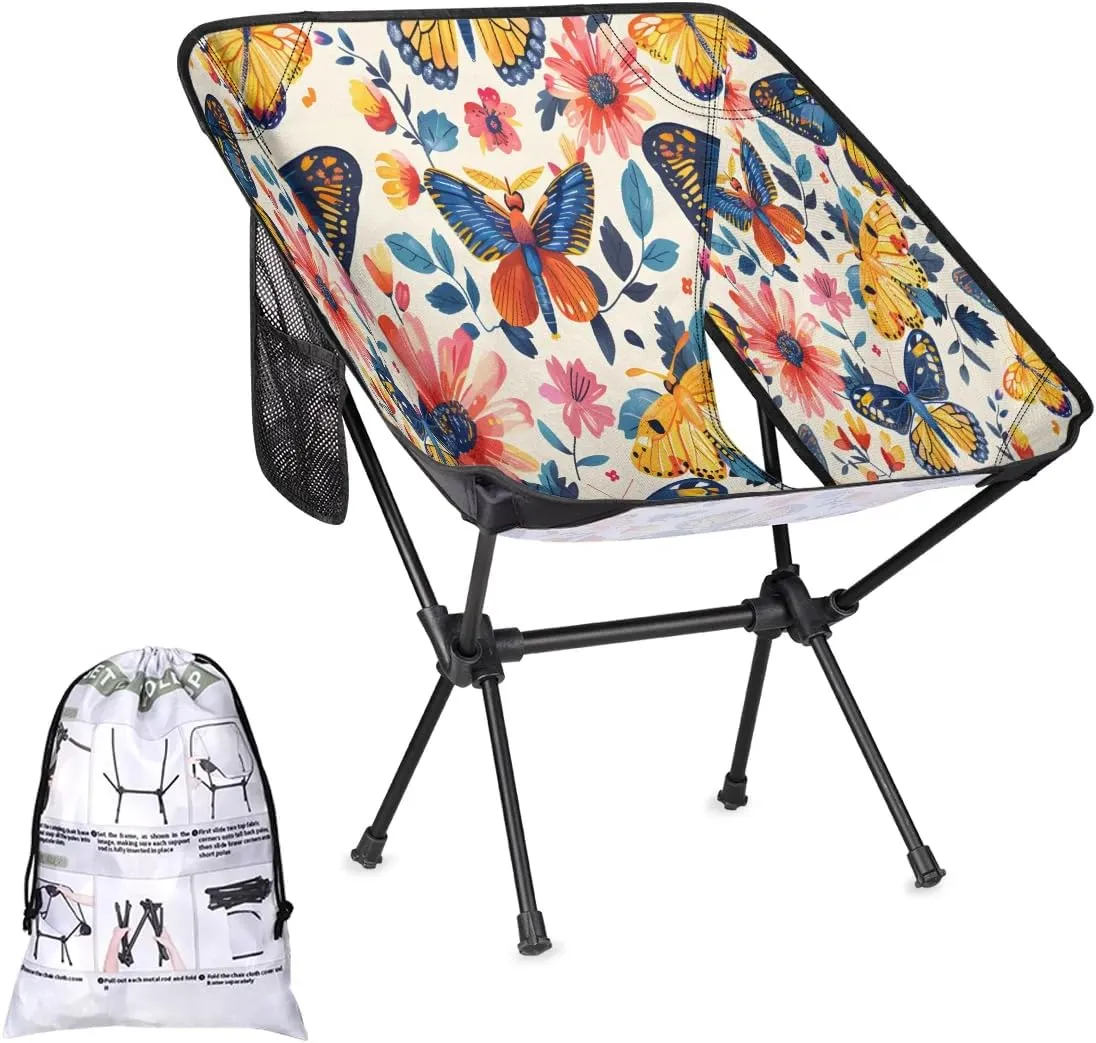 Flowers Butterfly Camping Chairs for Adults Ultralight Folding Chairs Outside Portable Camp Backpacking Chair with Side Pocket Storage Bag Compact Beach Chairs for Hiking Fishing