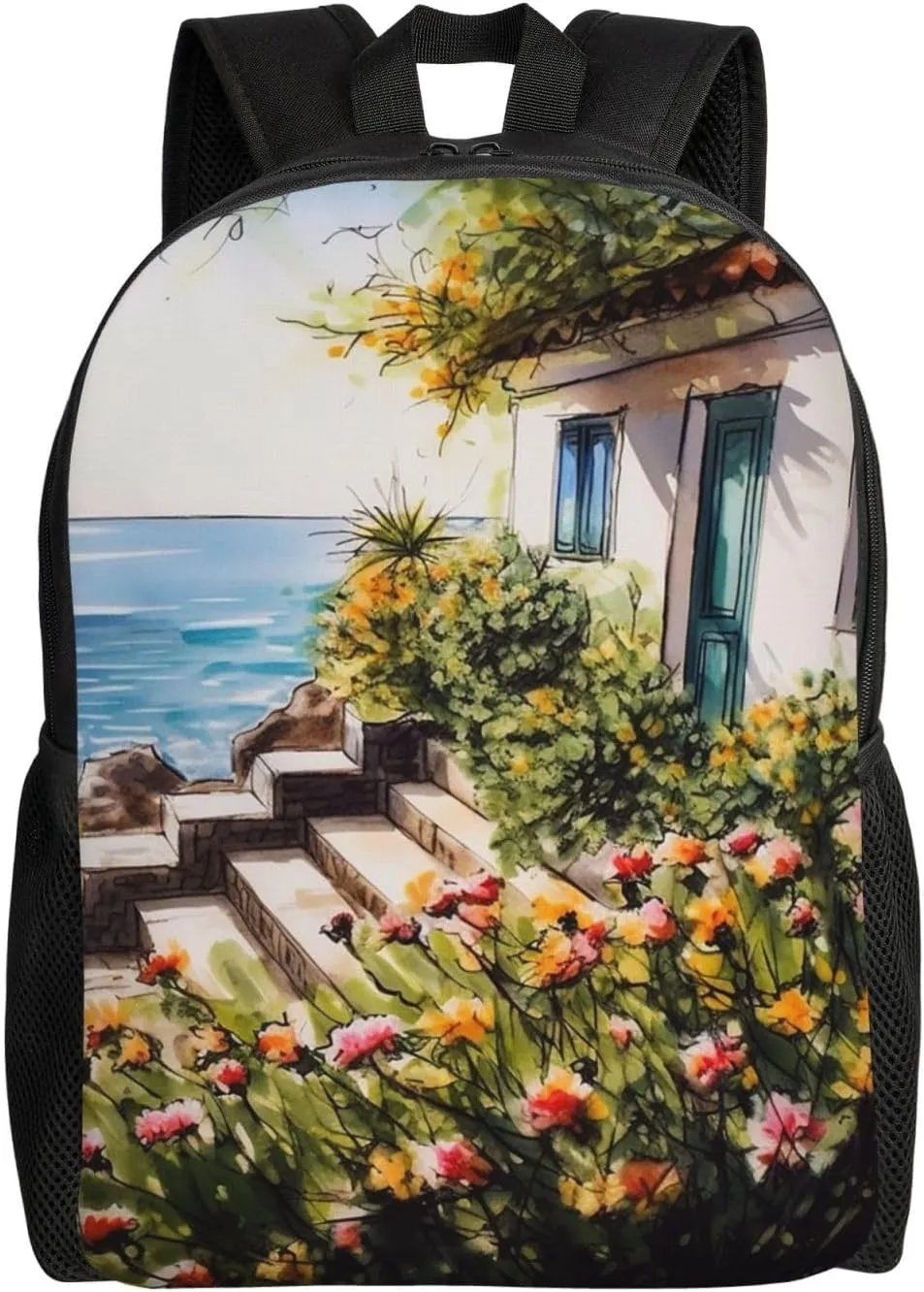 Flowers Near House Greek Sea Laptop Backpack For Men Women Waterproof Lightweight Travel Backpack Casual Daypack