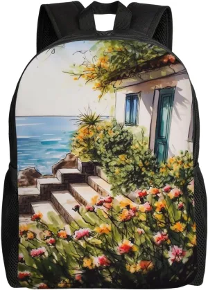 Flowers Near House Greek Sea Laptop Backpack For Men Women Waterproof Lightweight Travel Backpack Casual Daypack