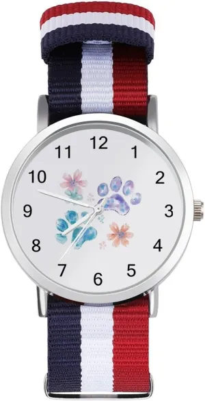 Flowers Paws Unisex Watch Lightweight Breathable Woven Nylon Wrist Strap Watch with Metal Buckle