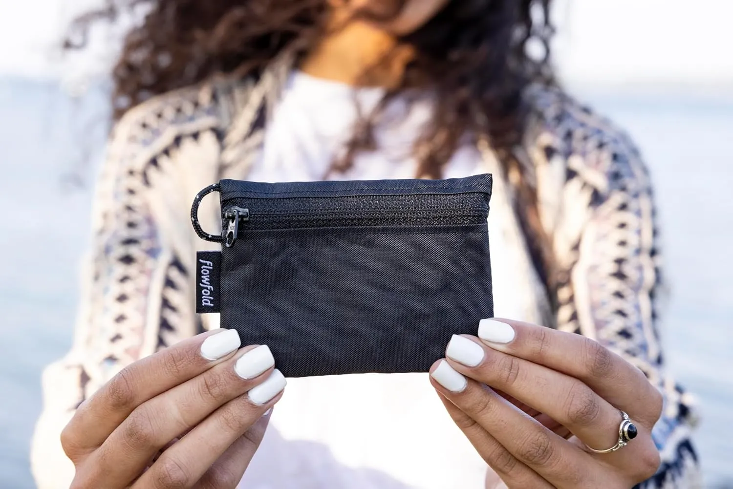 Flowfold Recycled Fabric Mini Zipper Pouch Wallet & Card Pouch for Keys, ID, Coins & AirPods Case - Water Repellent - Made in USA (Black, Recycled Material)