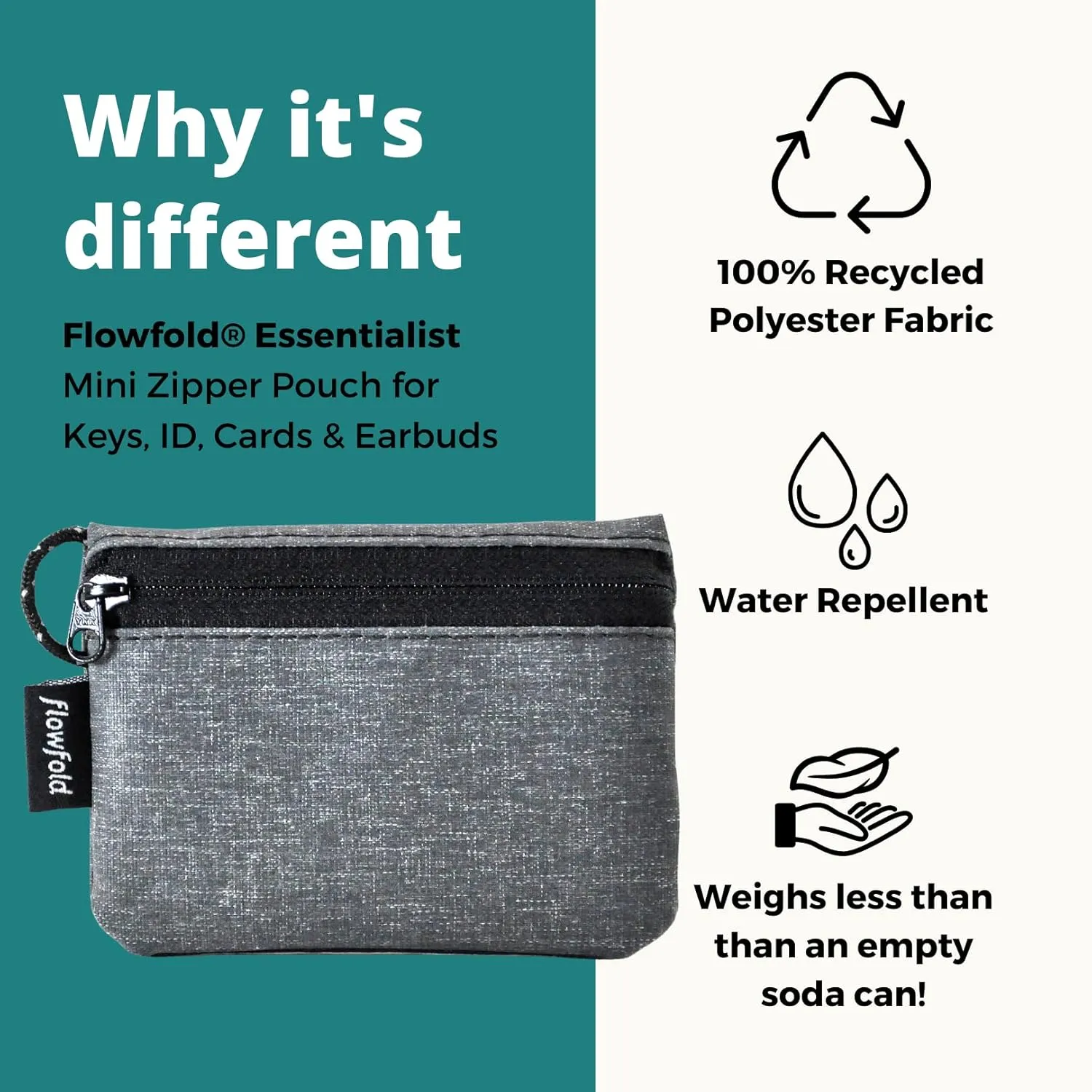 Flowfold Recycled Fabric Mini Zipper Pouch Water Repellent Small Wallet & Card Case for Keys, ID, Coins & AirPods Made in USA (Heather Grey, Recycled Material)