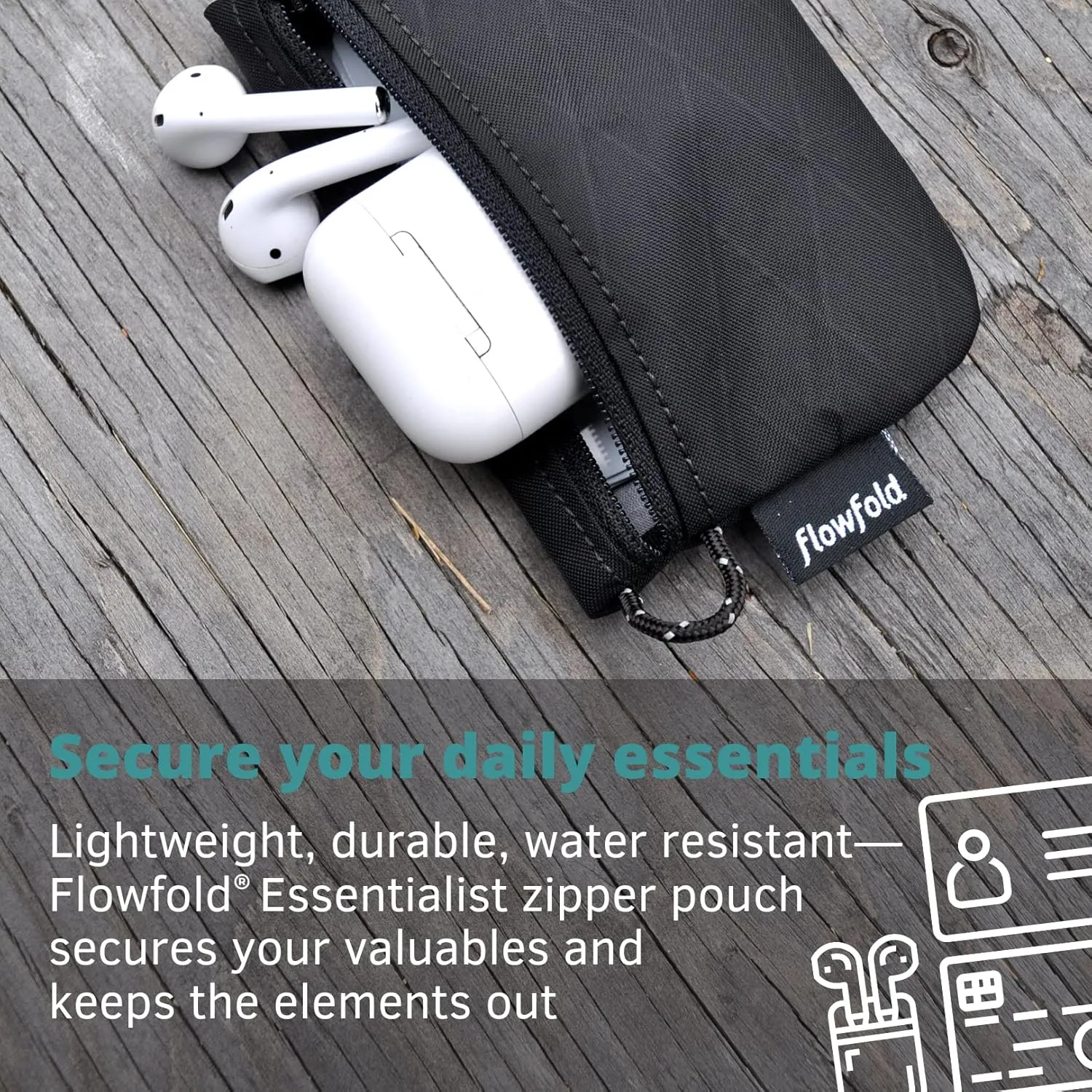 Flowfold Recycled Fabric Mini Zipper Pouch Water Repellent Small Wallet & Card Case for Keys, ID, Coins & AirPods Made in USA (Heather Grey, Recycled Material)