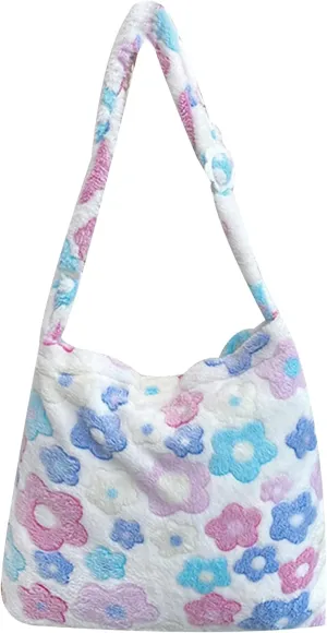 Fluffy Tote Bag Cute Plush Underarm Bag Y2K Furry Flower Heart Fuzzy Shoulder Bag for Women Autumn Winter