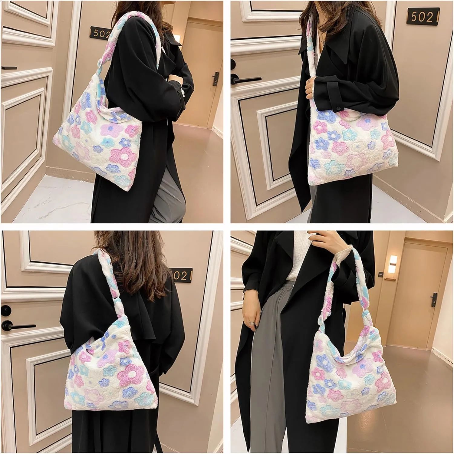Fluffy Tote Bag Cute Plush Underarm Bag Y2K Furry Flower Heart Fuzzy Shoulder Bag for Women Autumn Winter