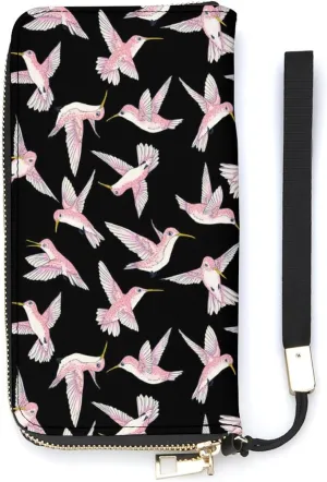 Flying Little Birds Women's Leather Long Large Capacity Wallet Clutch Wallet with Hand Strap