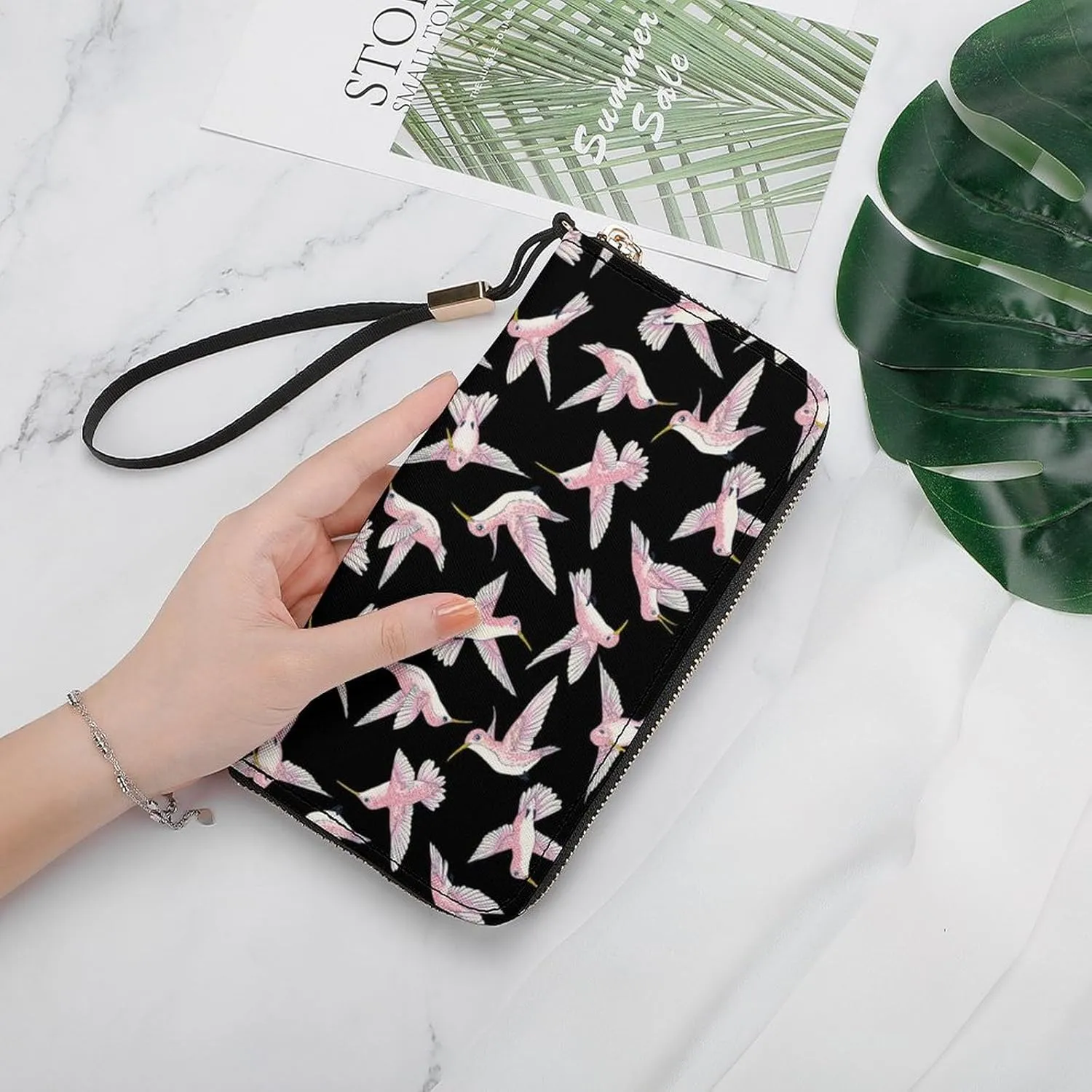 Flying Little Birds Women's Leather Long Large Capacity Wallet Clutch Wallet with Hand Strap