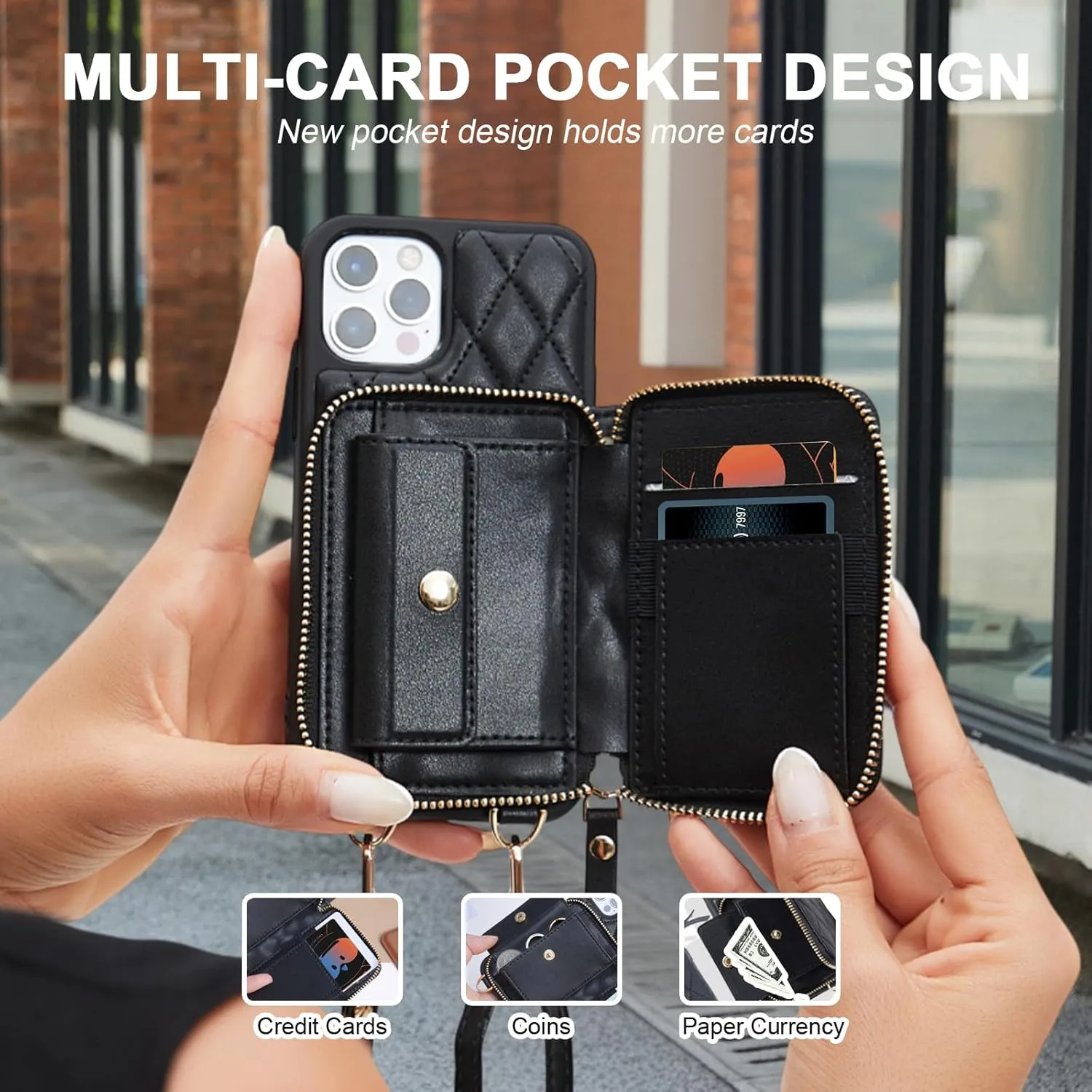 for iPhone 13 Pro Wallet Case Crossbody, PU Leather Zipper Handbag Purse Flip Cover Standar, Independent Slot Adjustable Strap Portable 6.1-Inch iPhone Case Beige