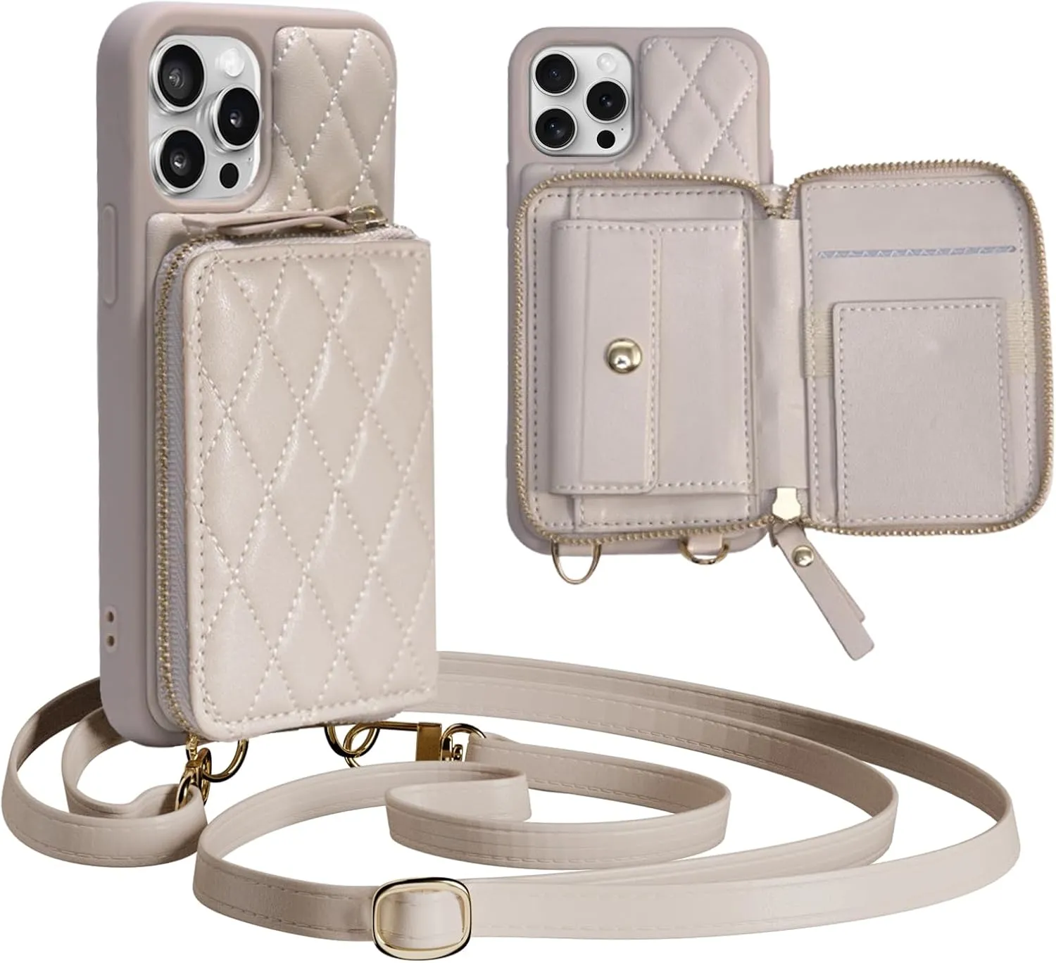 for iPhone 13 Pro Wallet Case Crossbody, PU Leather Zipper Handbag Purse Flip Cover Standar, Independent Slot Adjustable Strap Portable 6.1-Inch iPhone Case Beige