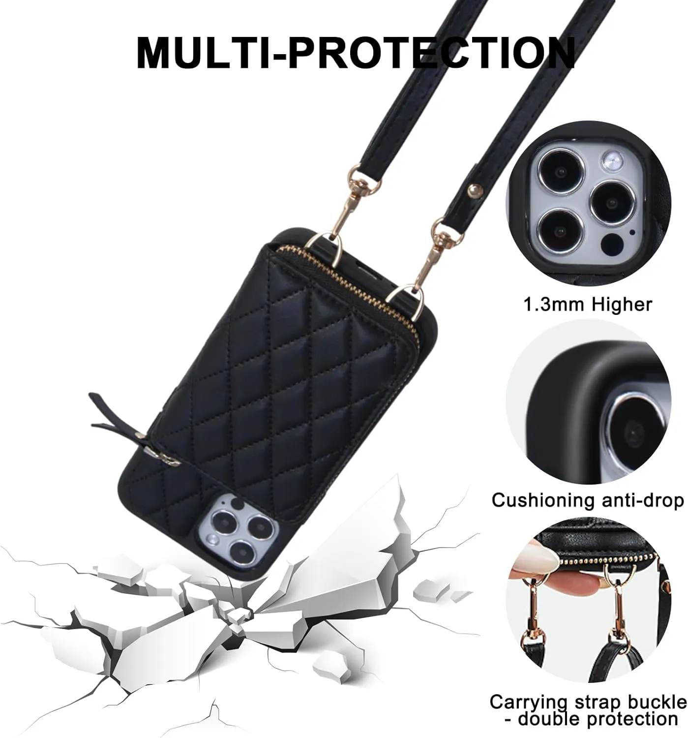 for iPhone 13 Pro Wallet Case Crossbody, PU Leather Zipper Handbag Purse Flip Cover Standar, Independent Slot Adjustable Strap Portable 6.1-Inch iPhone Case Beige